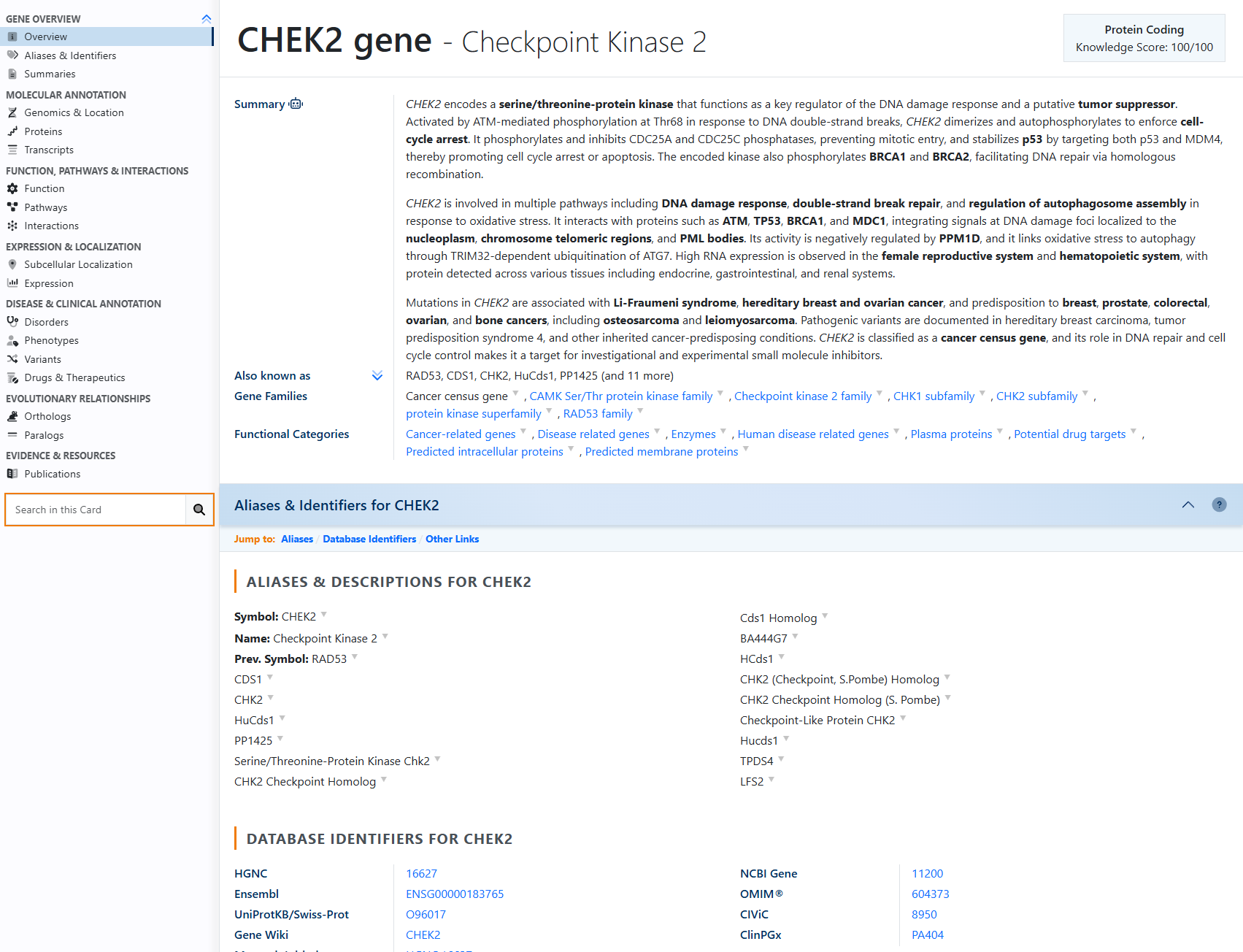 GeneCards CHEK2 overview — AI summary integrating data from 200+ sources into one gene card