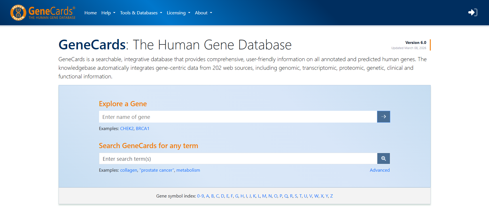 GeneCards homepage — search genes, explore the suite, view gene categories and stats