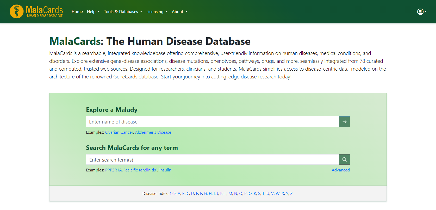 MalaCards homepage — search diseases, explore categories, browse the GeneCards Suite