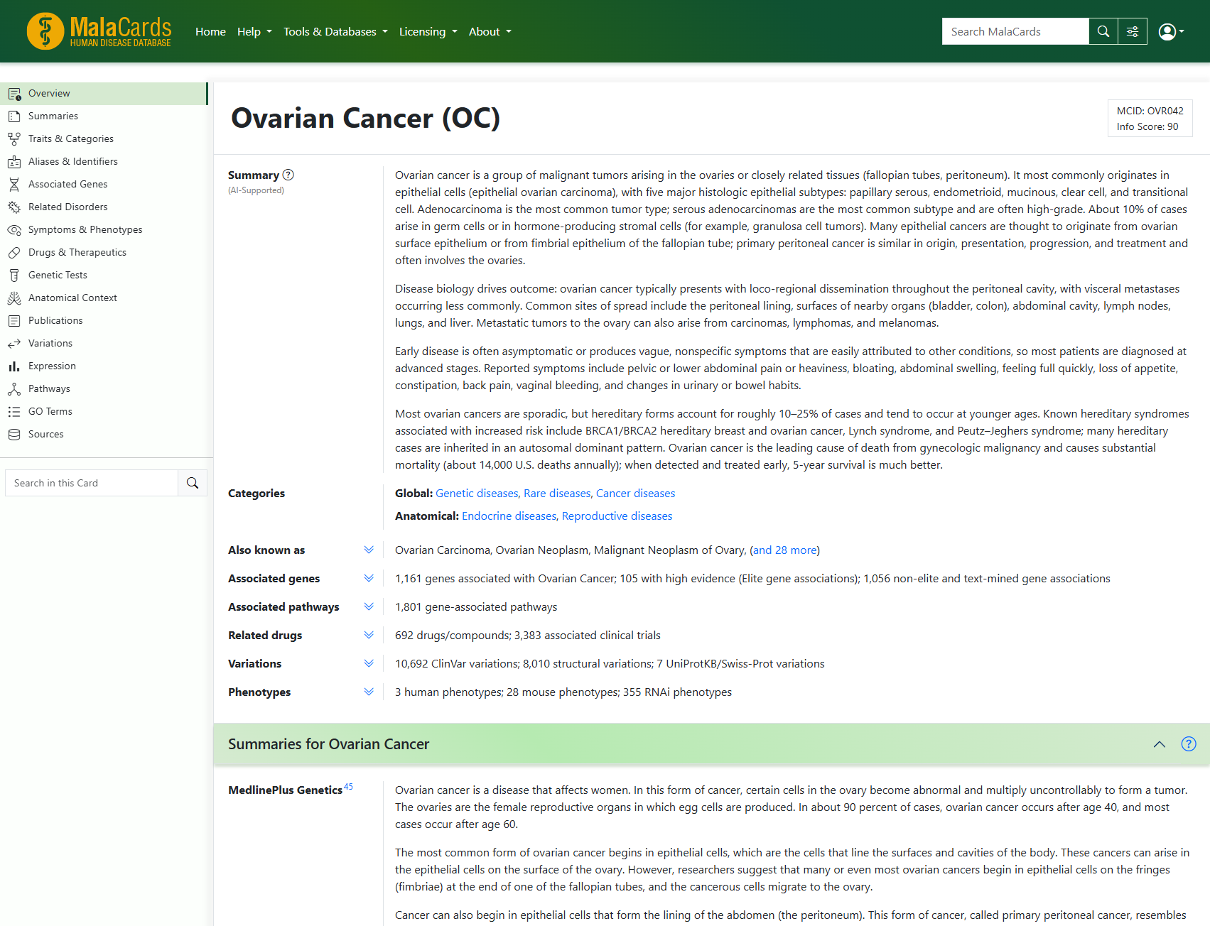 MalaCards Ovarian Cancer overview — AI-supported summary integrating data from 78 sources into one disease card